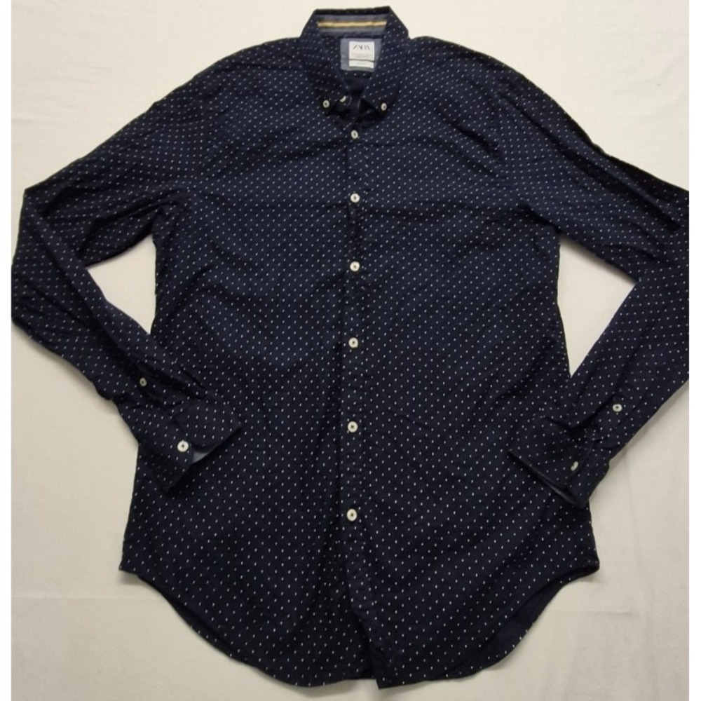 Zara men's Blue Shirt XL Slim fit white polka dots long sleeve button up Cotton